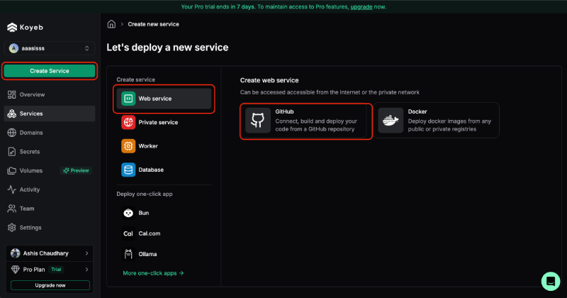 Create new service on koyeb Create new service on koyeb