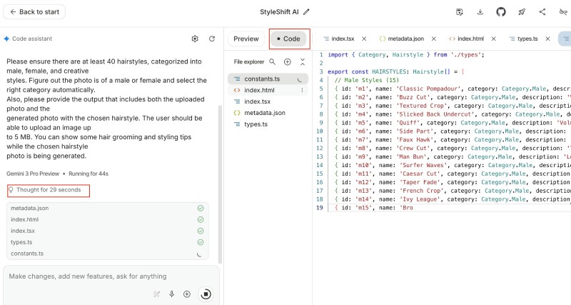Hair style changer code being generated on Google AI Studio by Gemini 3 LLM