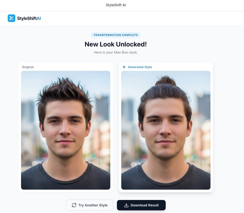 Hair style changer app on Google AI Studio preview with original and man bun hairstyle