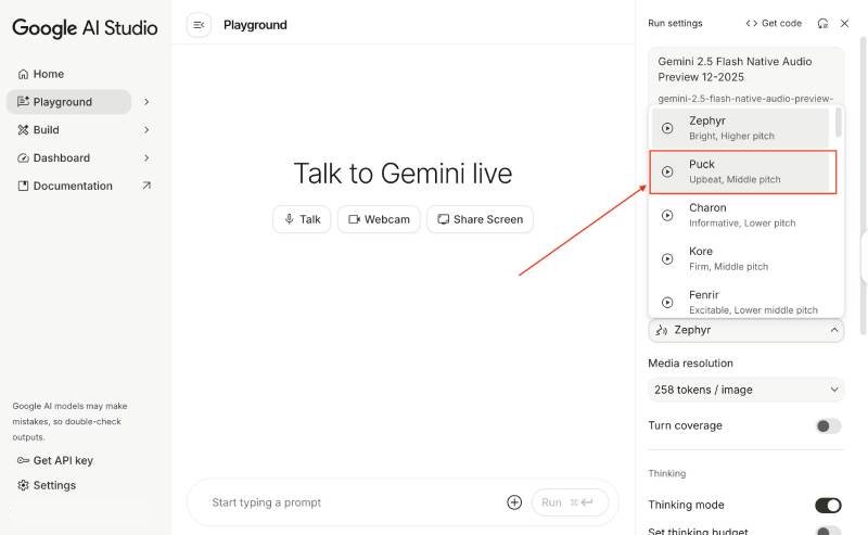 Google AI Studio change voice to Puck