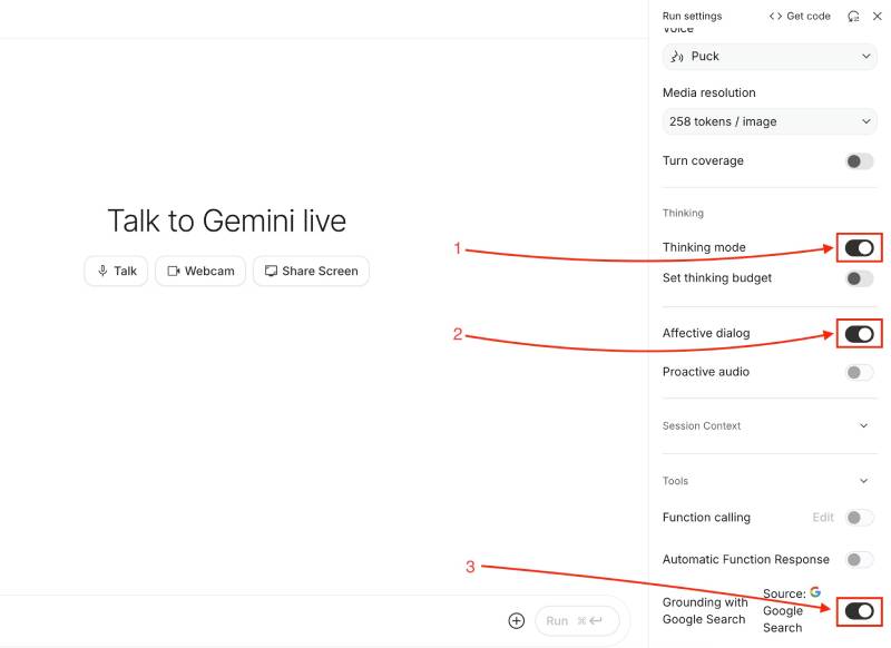 Google AI Studio Live feature settings panel