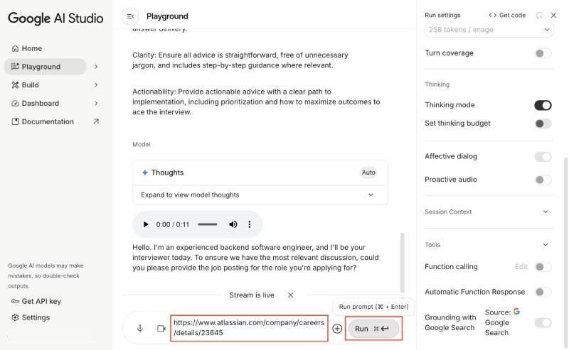 Gemini Live prompt for software interview mode, providing the link to the job description