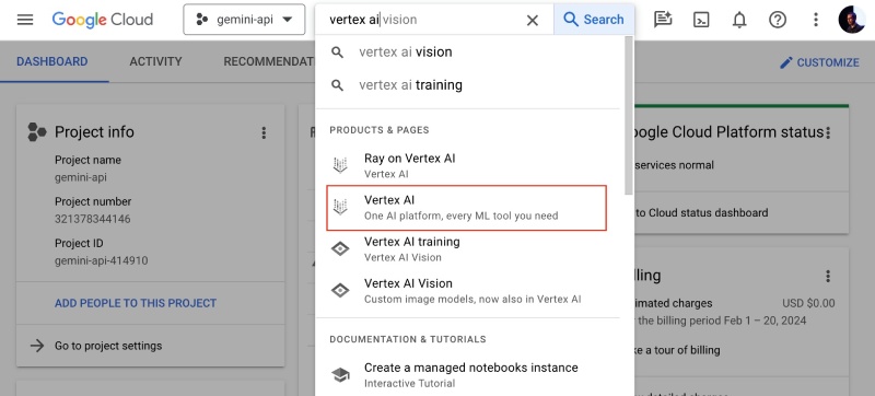 Search for vertex ai on the GCP console search bar Search for vertex ai on the GCP console search bar