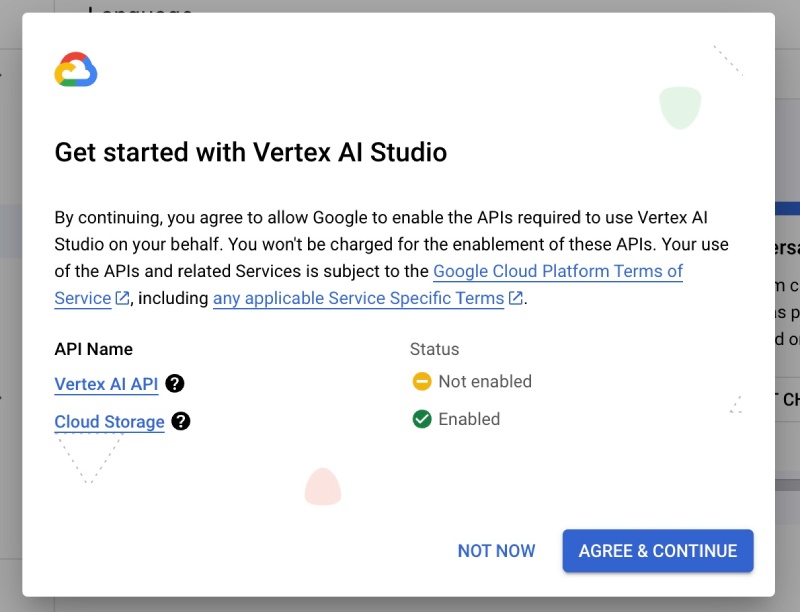 Agree the Vertex AI terms and conditions to move head Agree the Vertex AI terms and conditions to move head