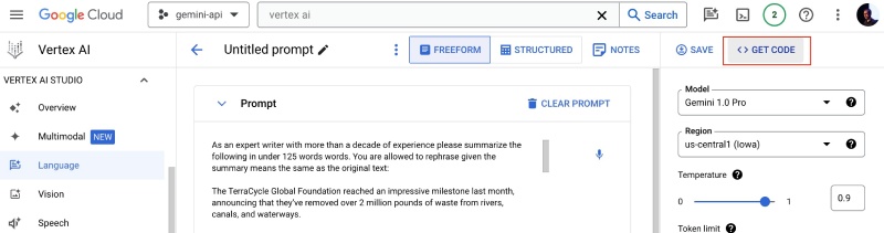 Vertex AI get code button Vertex AI get code button