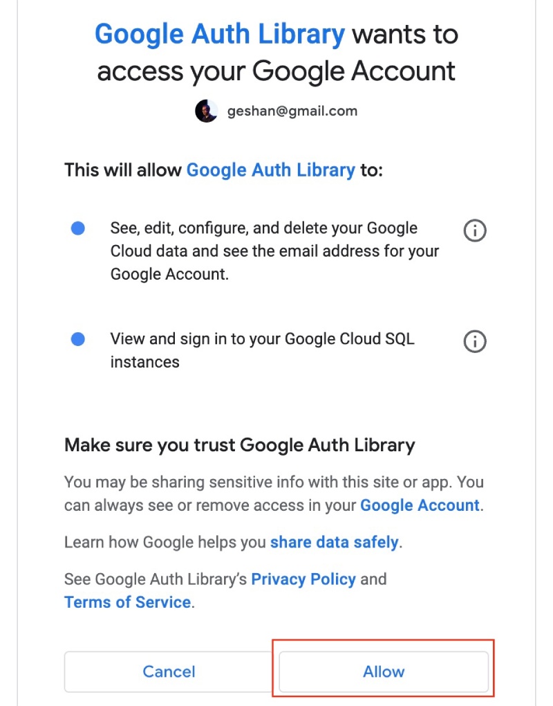 Allow GCP gcloud auth to access your Google account details Allow GCP gcloud auth to access your Google account details