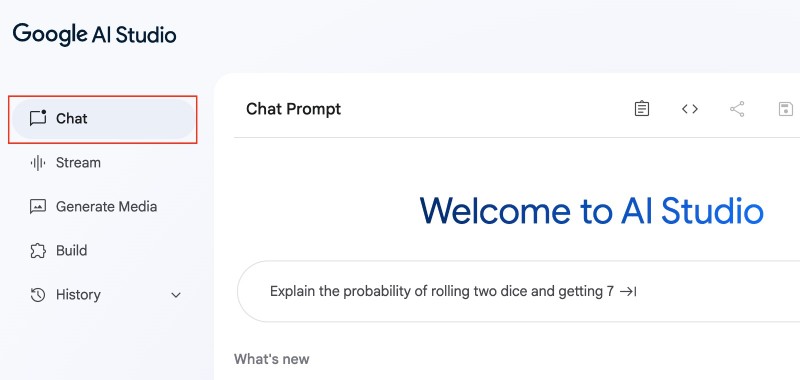 Google AI Studio with the default chat screen