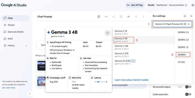 Select Gemma 3 with 4 billion parameters on Google AI Studio