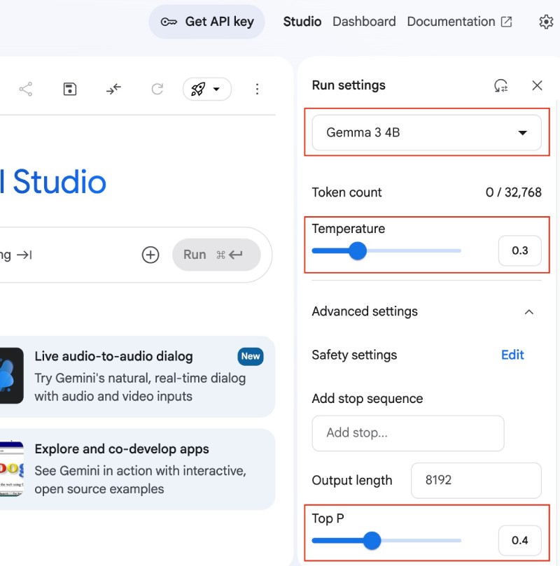 Setting the temparature (creativity) and top p settings for Gemma 3:4B on AI Studio