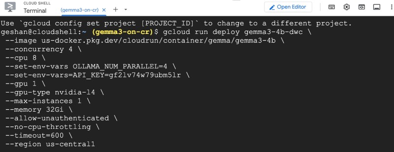 Gcloud run deploy command to deploy Gemma 3 4B on Cloud Run