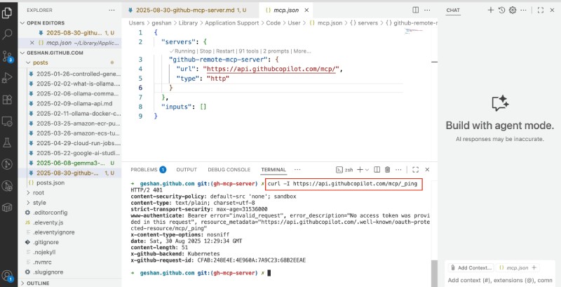 Remote GitHub MCP server connected, authenticated and running on VS Code