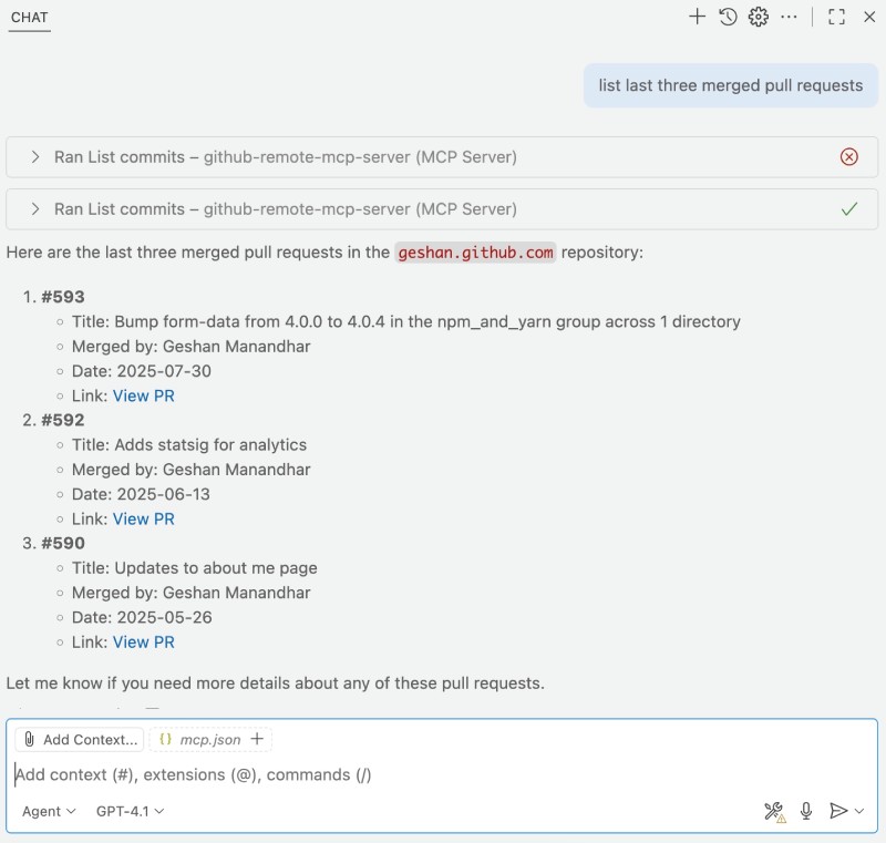 Listing pull requests on VS Code with GitHub Copilot Agent Mode on the current project