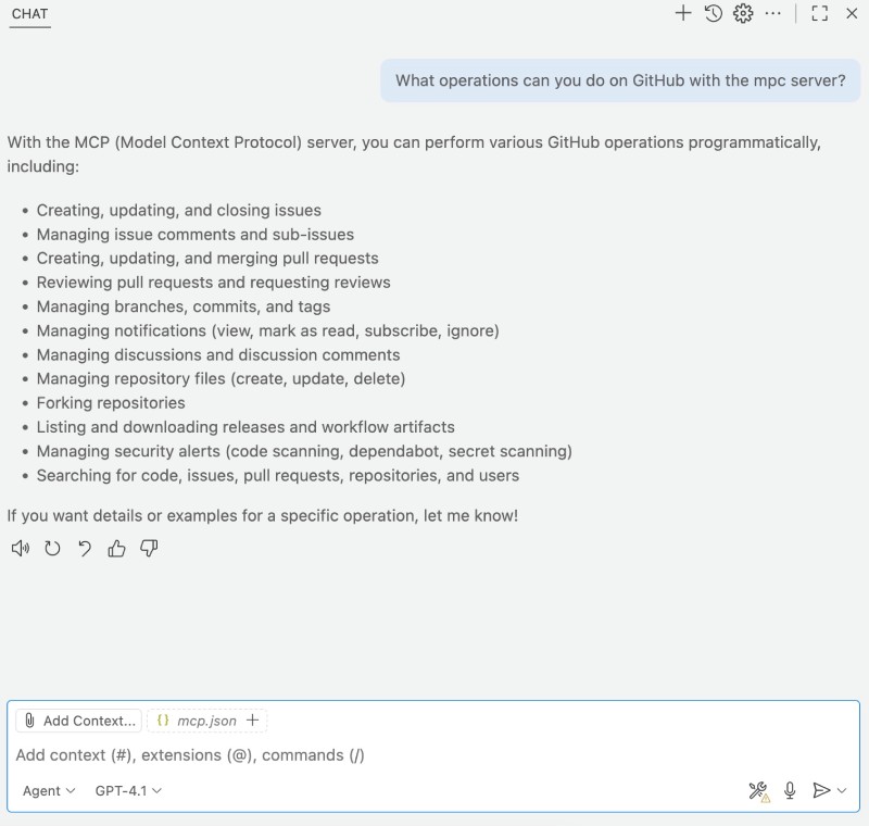 Asking GitHub Copilot what operation can the GitHub MCP server do