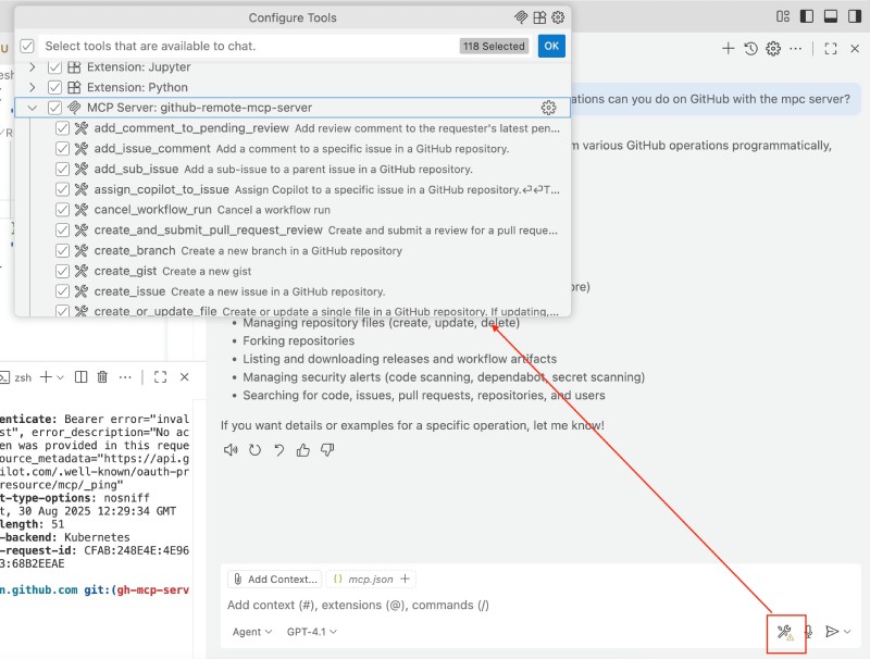 Listing all the tools in the remote GitHub MCP server in the GitHub Copilot settings