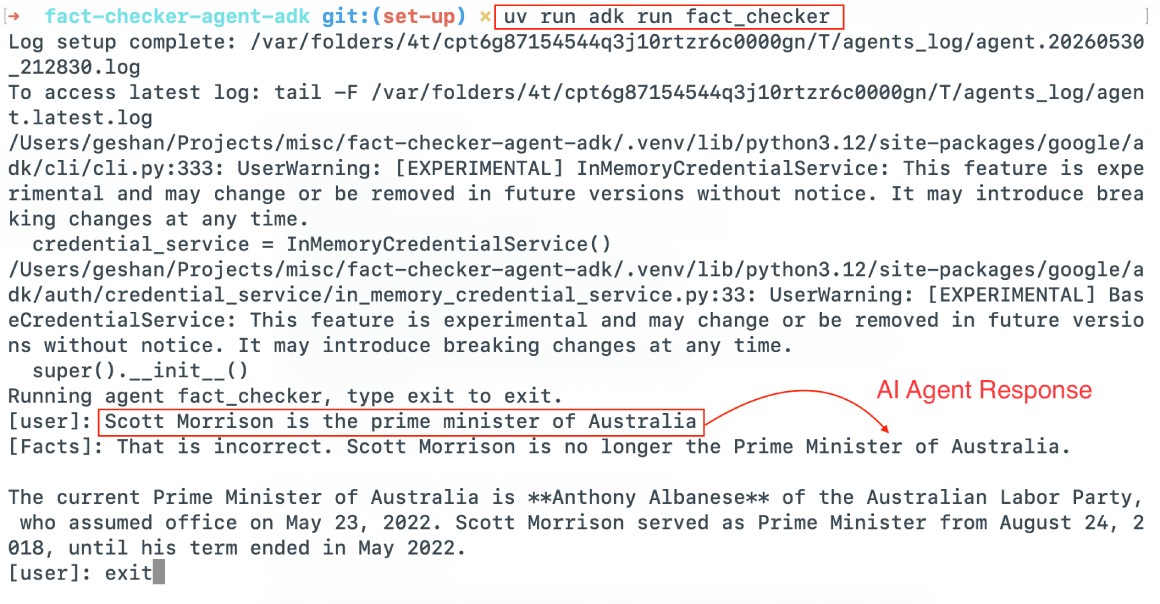 Running the Fact checker AI agent locally using Google ADK CLI run Running the Fact checker AI agent locally using Google ADK CLI run