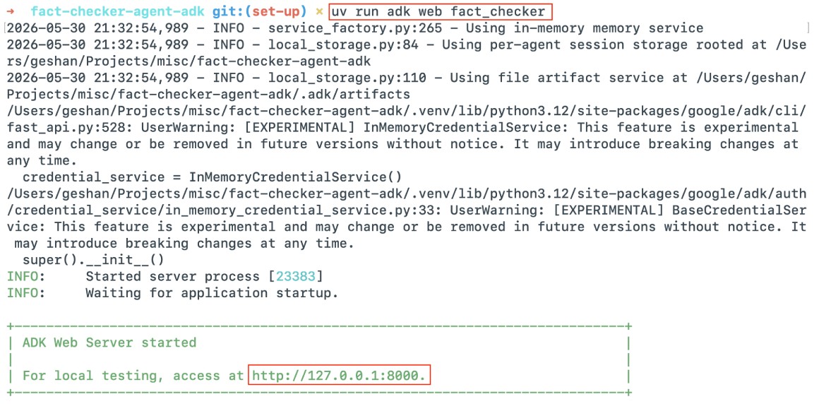 Running the Fact checker AI agent locally using Google ADK web UI Running the Fact checker AI agent locally using Google ADK web UI