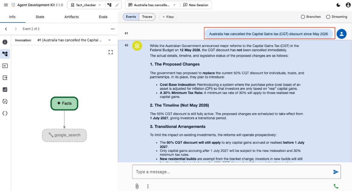 Fact checker AI agent running locally using Google ADK web UI on Chrome Fact checker AI agent running locally using Google ADK web UI on Chrome