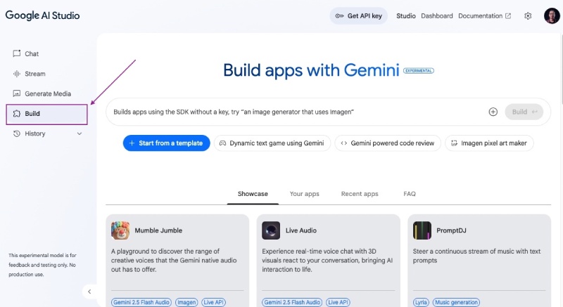 Go to Google AI Studio and click on the Build link on the left menu