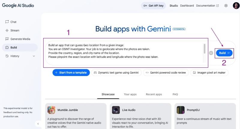 In the Build (apps) page input the above prompt and click the blue Build button