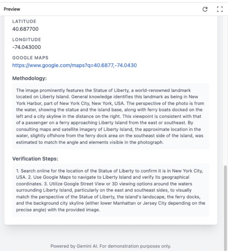 Checking methodology and verification details of the picture of Statue of Liberty New York in the Geo location guessing app