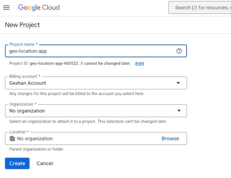 Create a new GCP project to deploy the Geo location app on Google Cloud Run