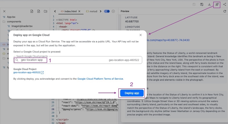 To deploy the generated app to Cloud Run select the project you just created - geo-location-app in my case