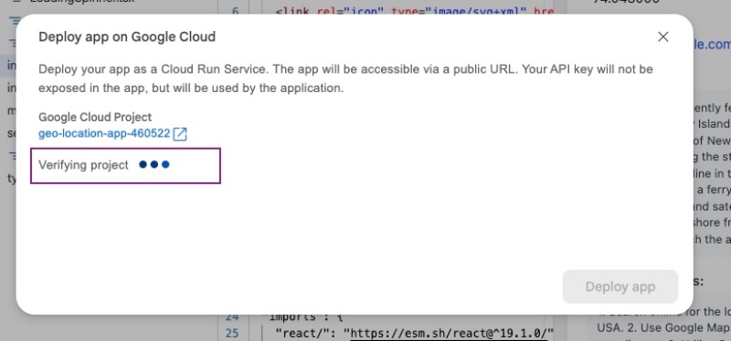 Before deploying Google AI Studio will verify the project