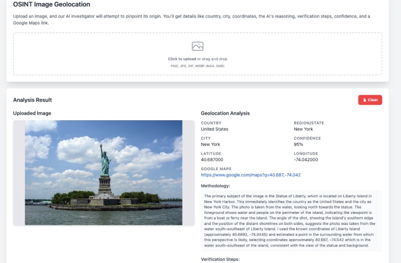 The Geo location guessing React App tested on Google Cloud Run with the Statue of Liberty photo