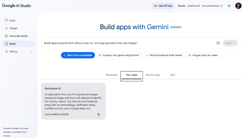 The Geo location guessing React App is auto saved by Google AI Studio and available in the Your apps tab