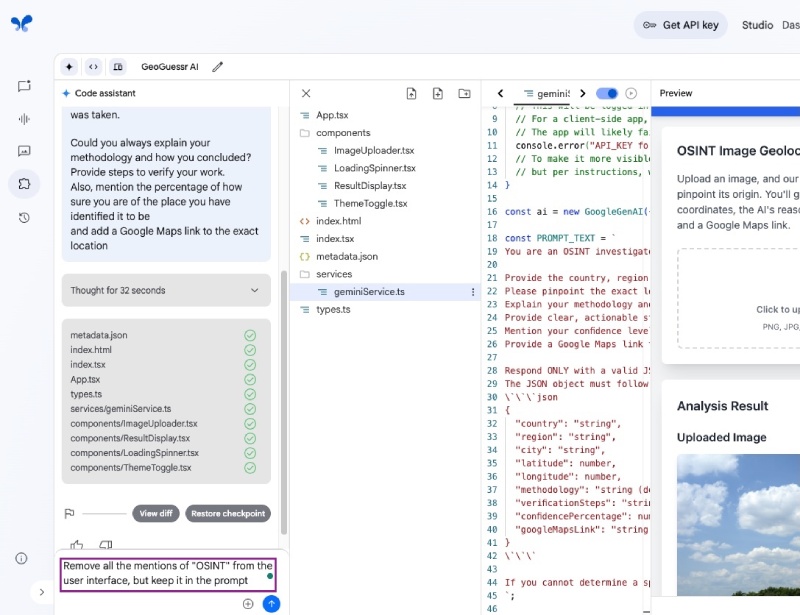 The Geo location guessing React App is changed on Google AI Studio with a prompt to remove OSINT