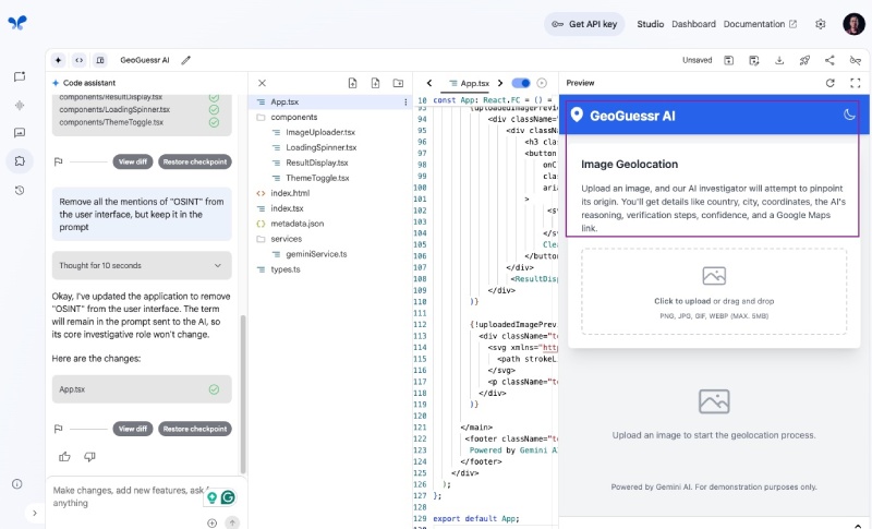The Geo location guessing React App is updated on Google AI Studio with OSINT removed from the UI