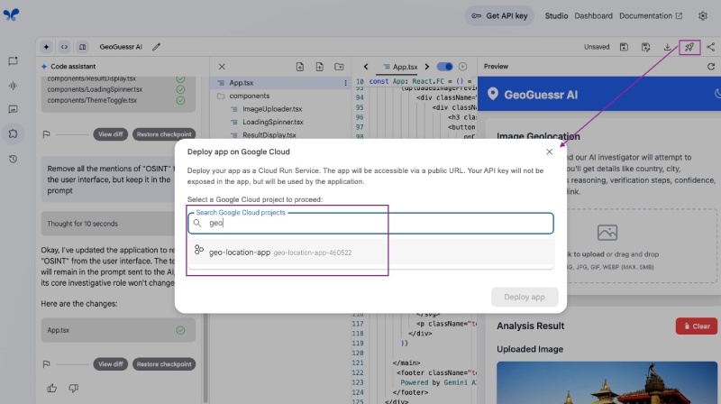 Select project to redeploy the app to get the new change on Cloud Run