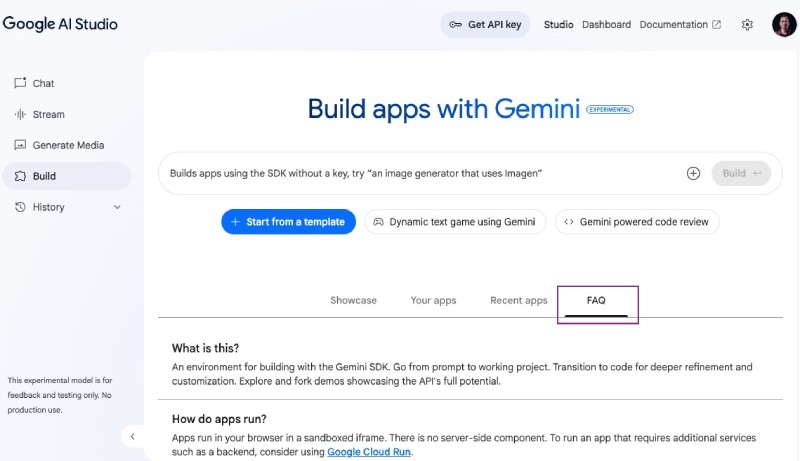 Google AI Studio Build (apps) page FAQs