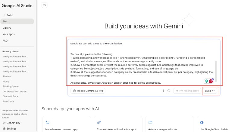 Prompt to generate the intelligent tech resume reviewer app on Google AI Studio build