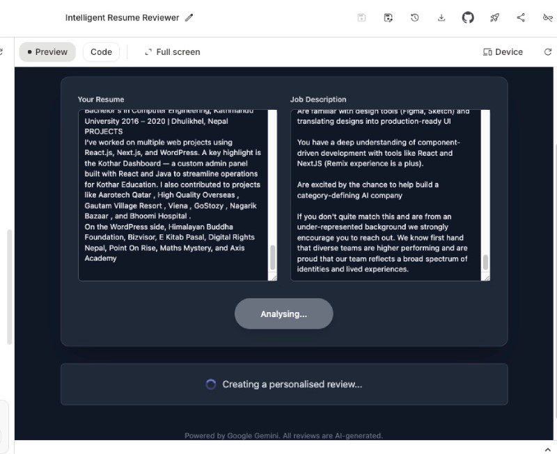 Google AI Studio reviewing the resume