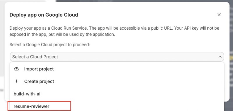 Google AI Studio select GCP project to deploy