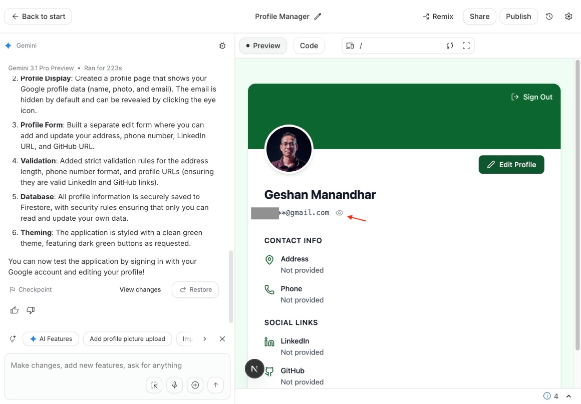 Profile page app generated by Google AI Studio login working