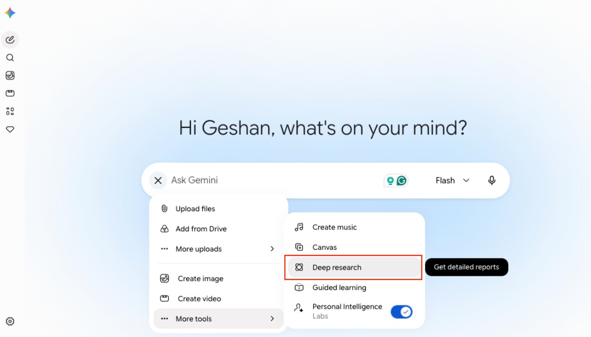 Select Deep Research option in Gemini