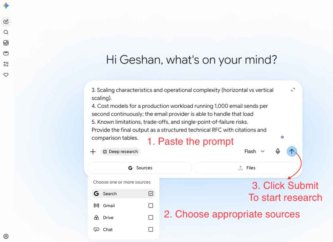 Run Deep Research in Gemini with given prompt