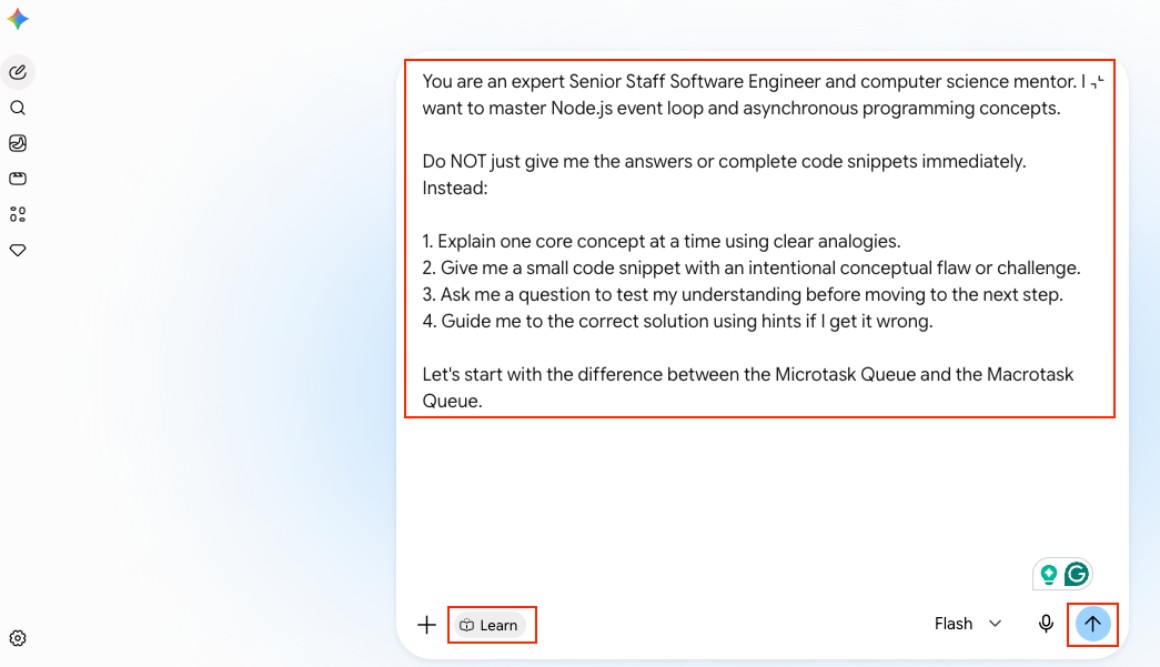 Start Guided Learning in Gemini with given prompt about JavaScript execution sequence