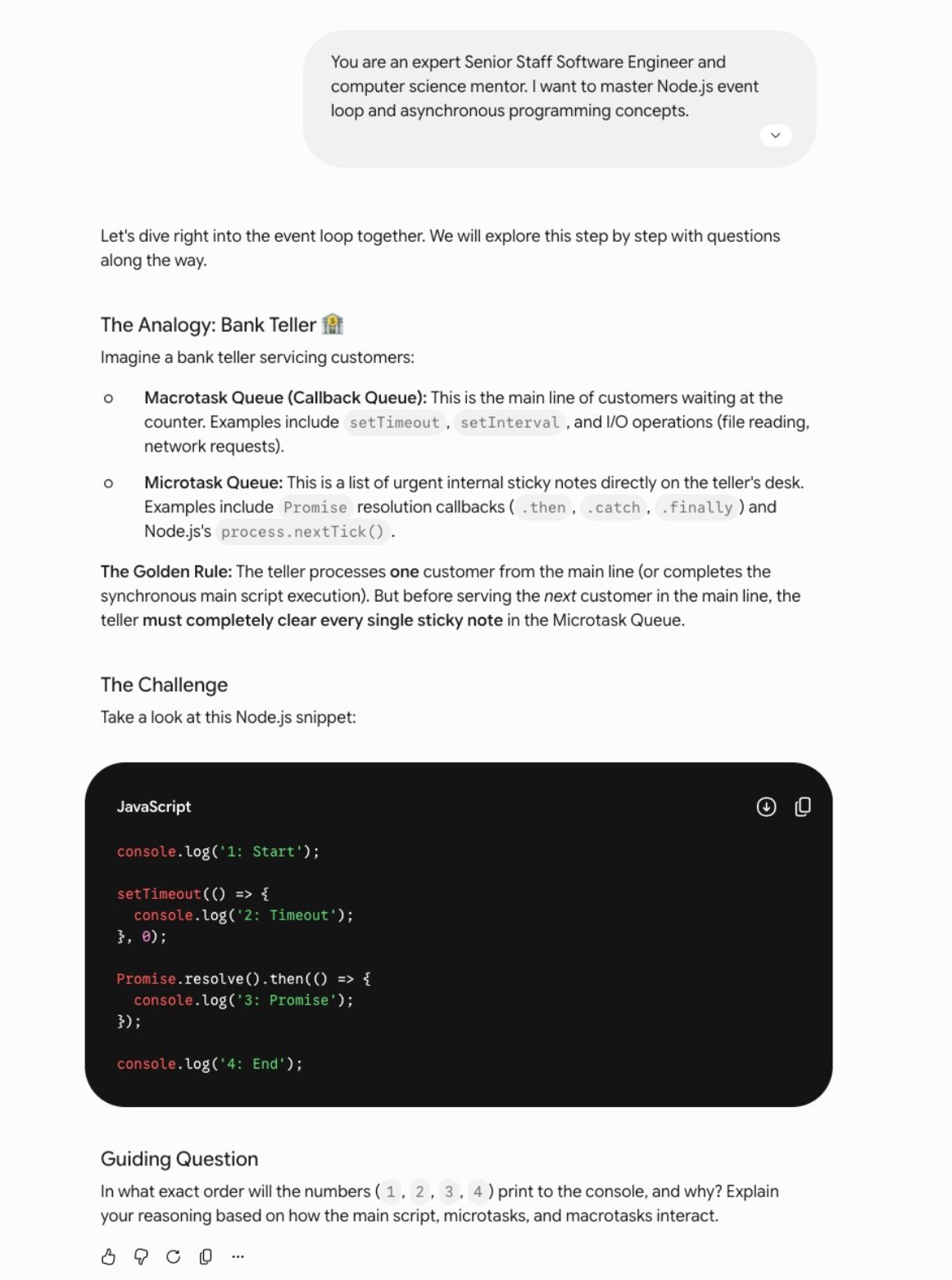 Gemini Guided Learning in progress to teach JavaScript execution sequence