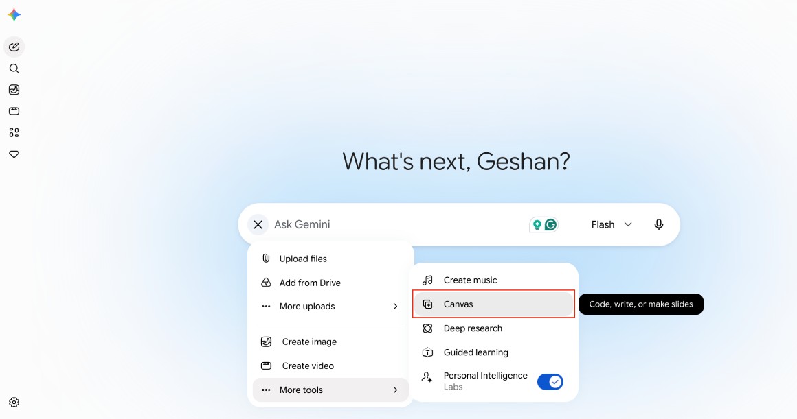 Select Canvas in Gemini to build an app