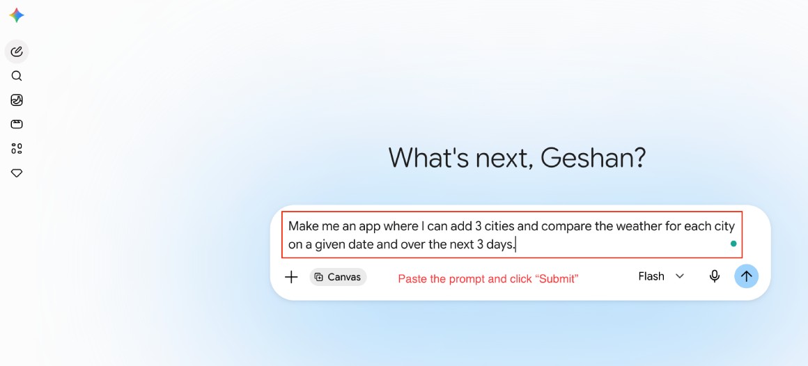 Multi city weather app prompt in Gemini Canvas