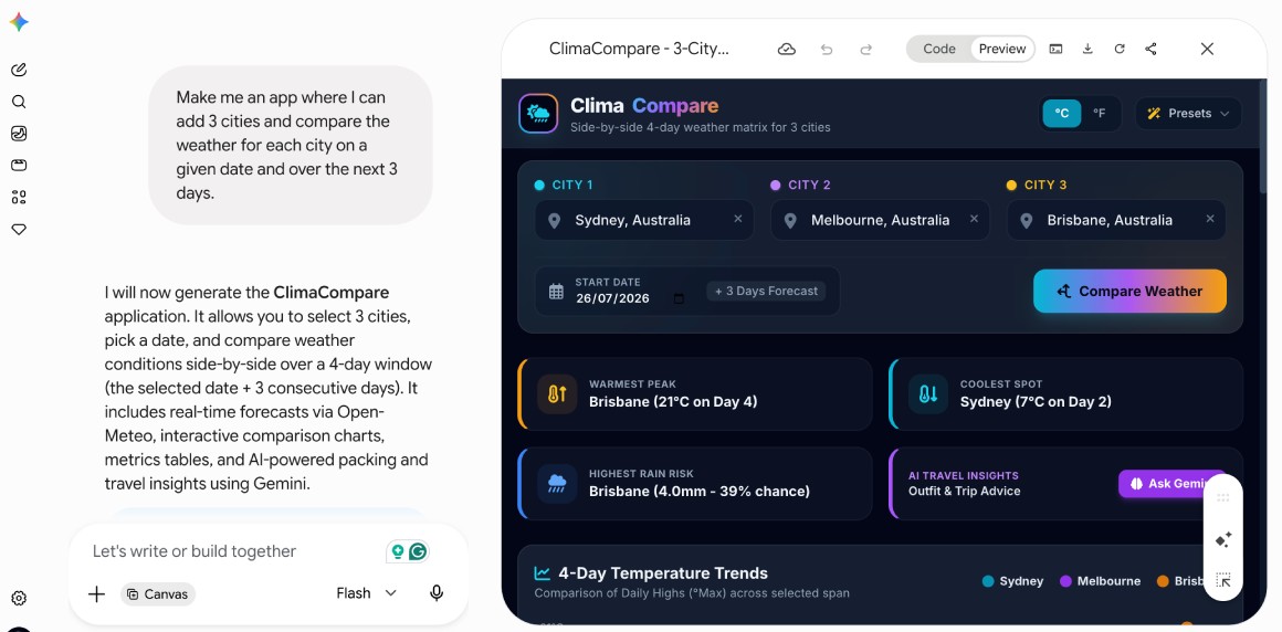Multi city weather app working in Gemini Canvas