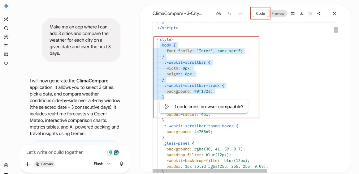 CSS cross-browser compatibility query in Gemini Canvas