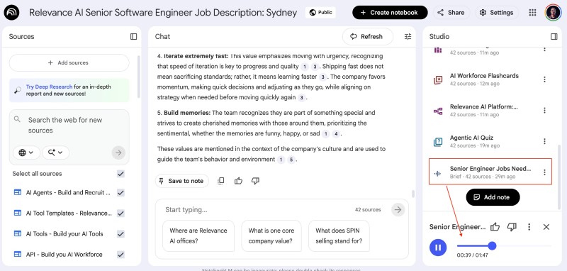 NotebookLM audio overview being played after generation