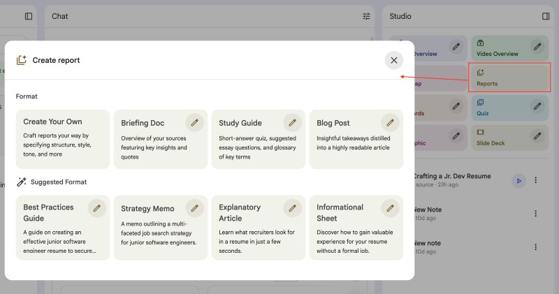 NotebookLM reports overlay to generate the report format you need