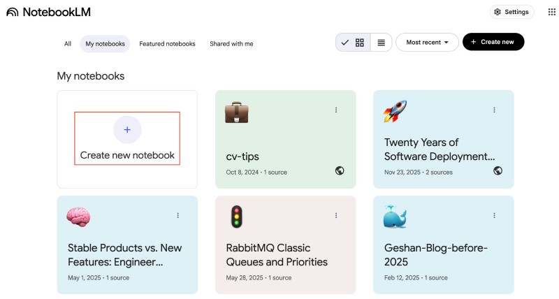 Create new notebook in NotebookLM