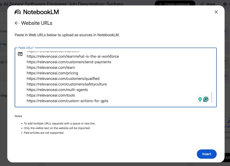 Adding multiple URLs as sources in NotebookLM