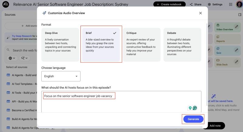 NotebookLM Audio Overview Options